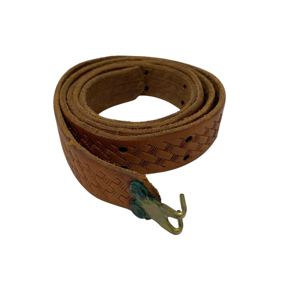 Vintage Embossed Leather Belt Woven Design Brown Apx Size L/XL Gold Tone Buckle